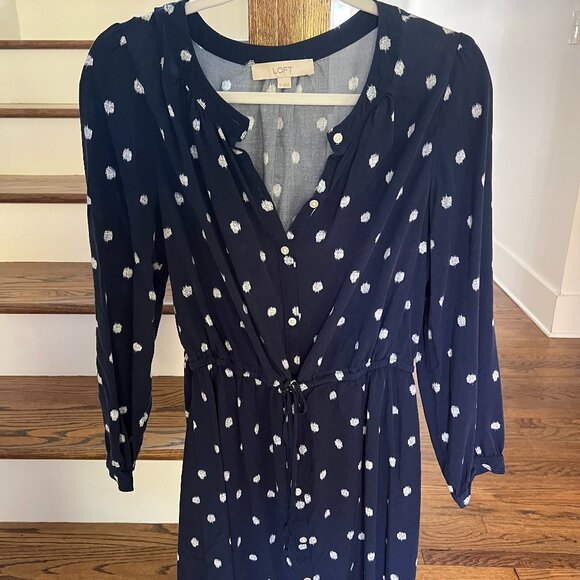 LOFT Navy Dot Print Tie-Waist Dress – Size Medium - Picture 1 of 4